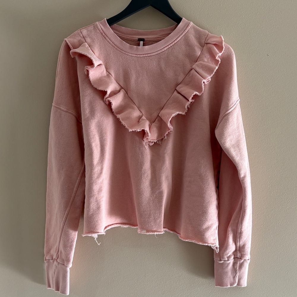 Free People Blush Pink Ruffle V-Yoke Sweatshirt M